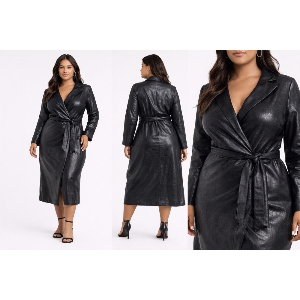 Eloquii Black Croc Embossed Faux Leather Wrap Dress Size 18 Midi Long Sleeve